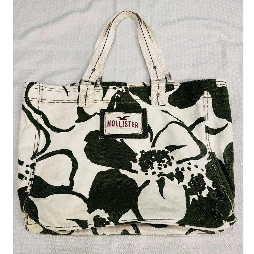 Hollister Tote Bag Womens OS White Green Floral Canvas Beach Boho Shoulder Bag